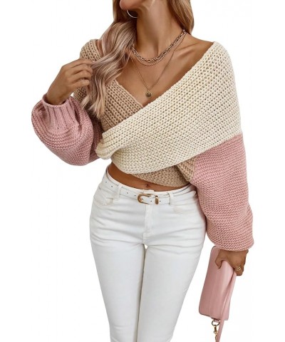 Women's Colorblock Crisscross V Neck Crop Sweater Wrap Front Long Sleeve Casual Pullover Jumper Tops Multicolor $14.49 Sweaters