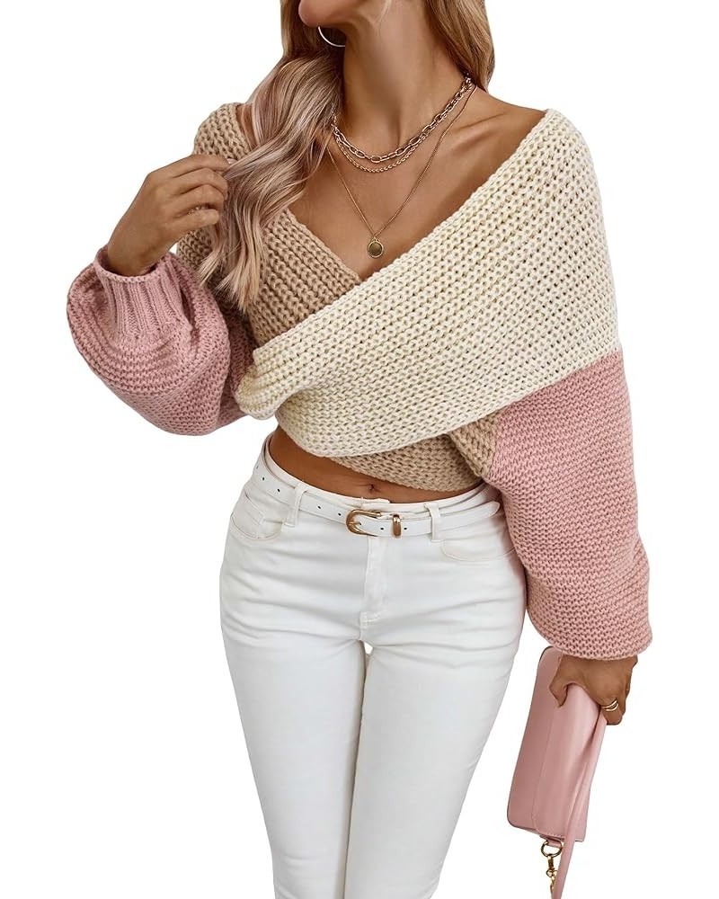 Women's Colorblock Crisscross V Neck Crop Sweater Wrap Front Long Sleeve Casual Pullover Jumper Tops Multicolor $14.49 Sweaters