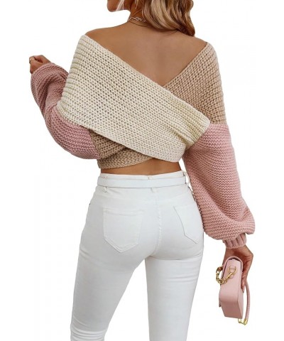 Women's Colorblock Crisscross V Neck Crop Sweater Wrap Front Long Sleeve Casual Pullover Jumper Tops Multicolor $14.49 Sweaters