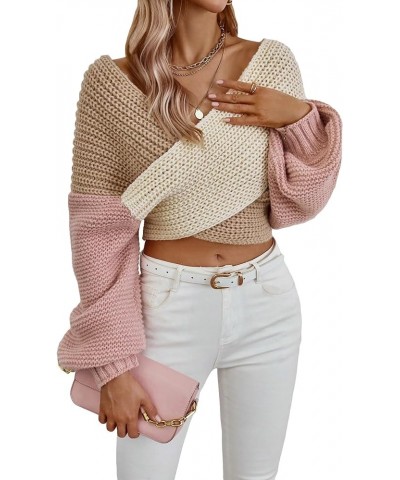 Women's Colorblock Crisscross V Neck Crop Sweater Wrap Front Long Sleeve Casual Pullover Jumper Tops Multicolor $14.49 Sweaters