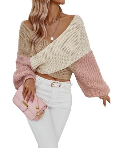 Women's Colorblock Crisscross V Neck Crop Sweater Wrap Front Long Sleeve Casual Pullover Jumper Tops Multicolor $14.49 Sweaters