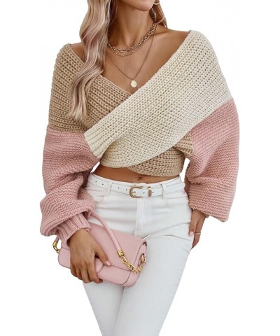 Women's Colorblock Crisscross V Neck Crop Sweater Wrap Front Long Sleeve Casual Pullover Jumper Tops Multicolor $14.49 Sweaters