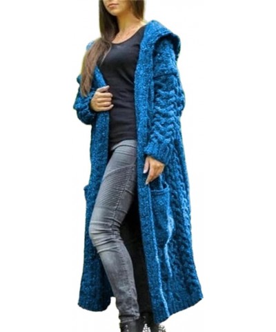 Women's Hoodie Long Cardigans Chunky Cable Knitted Open Front Sweater Plus Size Outerwear Long Sleeve Jacket Coat Cable Blue ...