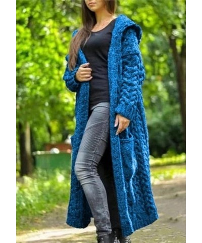 Women's Hoodie Long Cardigans Chunky Cable Knitted Open Front Sweater Plus Size Outerwear Long Sleeve Jacket Coat Cable Blue ...