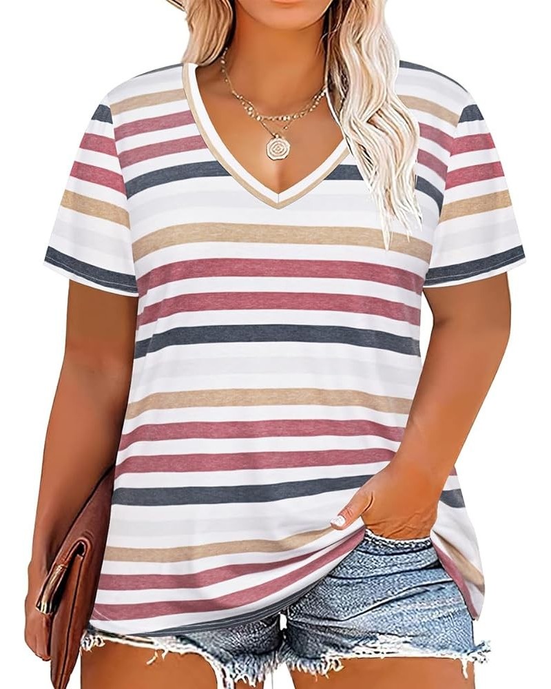 Plus Size Tops For Women Oversized Summer Basic V Neck Short Sleeve Henley Shirt Casual Tunic Shirts XL-5XL A1-rainbow B $13....