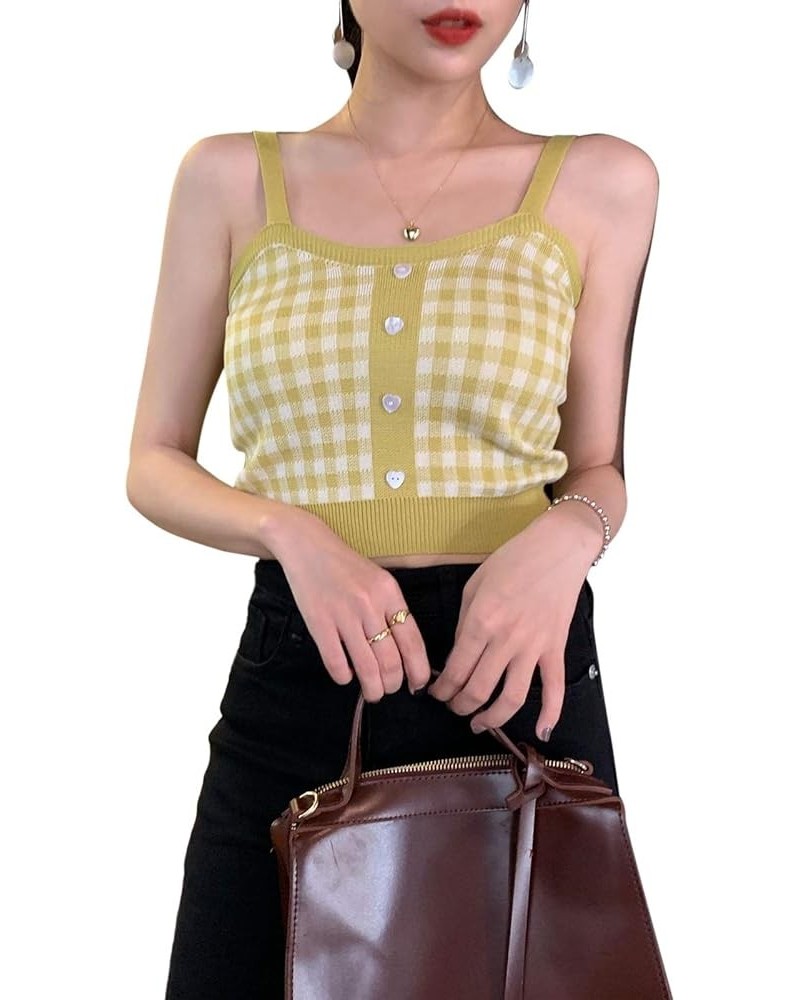 Women Girls Plaid Crop Camisole Buttons Knitted Vest Sleeveless Cute Tank Tops Vintage Y2K Summer Streetwear Yellow $5.39 Tanks