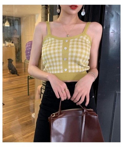 Women Girls Plaid Crop Camisole Buttons Knitted Vest Sleeveless Cute Tank Tops Vintage Y2K Summer Streetwear Yellow $5.39 Tanks