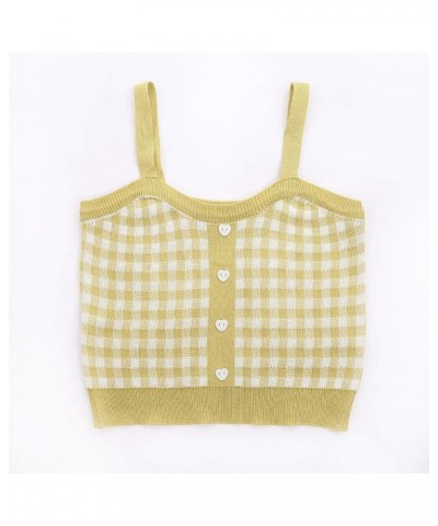 Women Girls Plaid Crop Camisole Buttons Knitted Vest Sleeveless Cute Tank Tops Vintage Y2K Summer Streetwear Yellow $5.39 Tanks