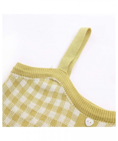 Women Girls Plaid Crop Camisole Buttons Knitted Vest Sleeveless Cute Tank Tops Vintage Y2K Summer Streetwear Yellow $5.39 Tanks