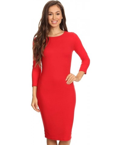 Women's 3/4 Sleeves Midi Bodycon Dress Crew Neck Fitted Dresses with Plus Size Options Red $12.00 Dresses