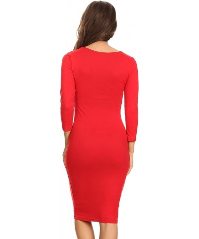 Women's 3/4 Sleeves Midi Bodycon Dress Crew Neck Fitted Dresses with Plus Size Options Red $12.00 Dresses