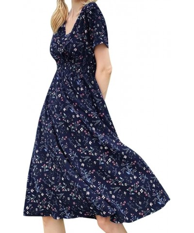 Spring Dresses for Women, Womens Summer Chiffon Short Sleeve Belted V Neck Floral Print Casual Bohemian Midi Dresses 0010-dar...