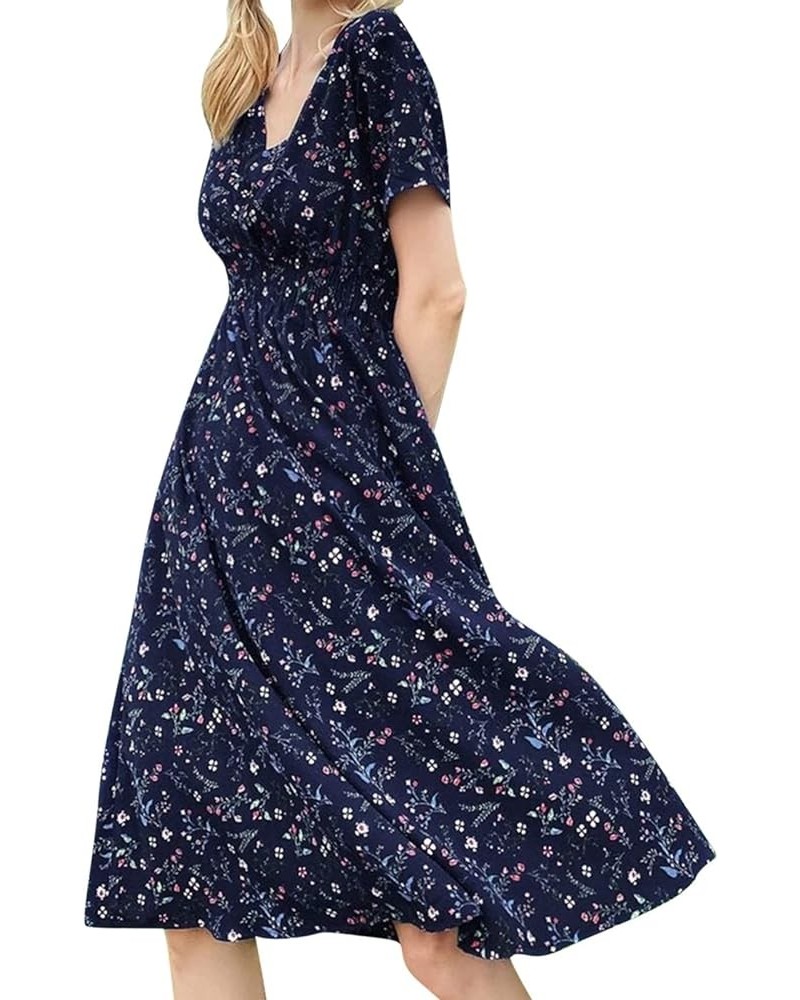 Spring Dresses for Women, Womens Summer Chiffon Short Sleeve Belted V Neck Floral Print Casual Bohemian Midi Dresses 0010-dar...