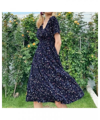 Spring Dresses for Women, Womens Summer Chiffon Short Sleeve Belted V Neck Floral Print Casual Bohemian Midi Dresses 0010-dar...