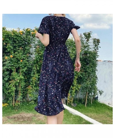 Spring Dresses for Women, Womens Summer Chiffon Short Sleeve Belted V Neck Floral Print Casual Bohemian Midi Dresses 0010-dar...