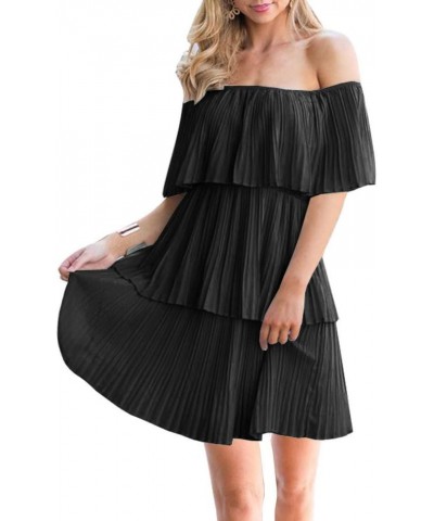 Women's Casual Off The Shoulder Sleeveless Tiered Ruffle Pleated Short Party Beach Dress Black $23.39 Dresses