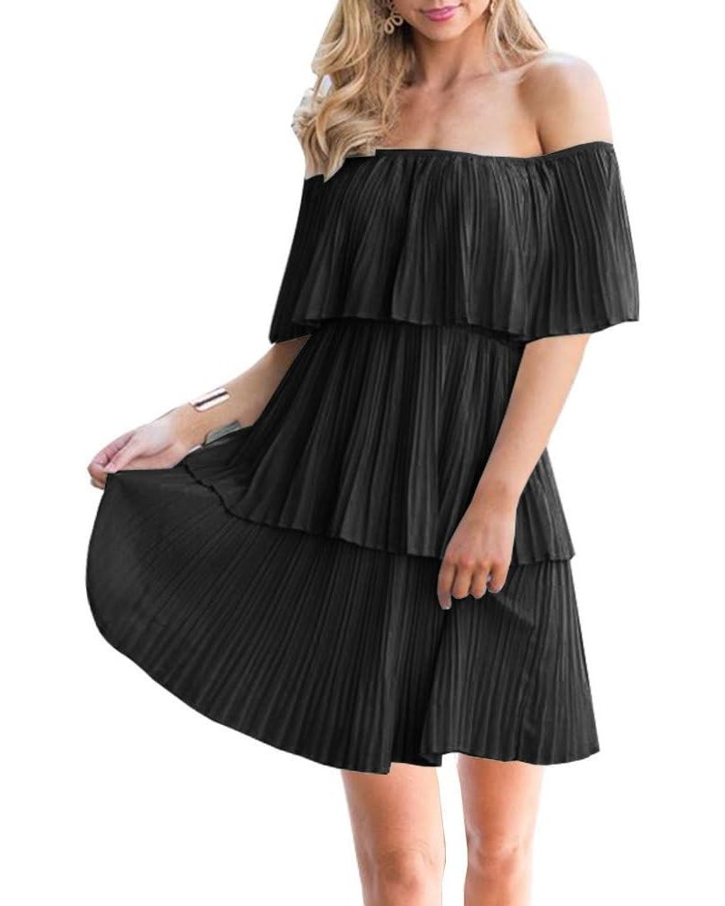 Women's Casual Off The Shoulder Sleeveless Tiered Ruffle Pleated Short Party Beach Dress Black $23.39 Dresses