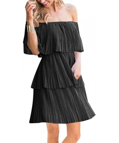 Women's Casual Off The Shoulder Sleeveless Tiered Ruffle Pleated Short Party Beach Dress Black $23.39 Dresses