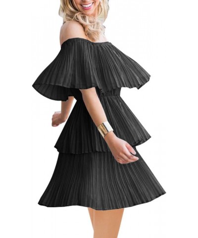 Women's Casual Off The Shoulder Sleeveless Tiered Ruffle Pleated Short Party Beach Dress Black $23.39 Dresses