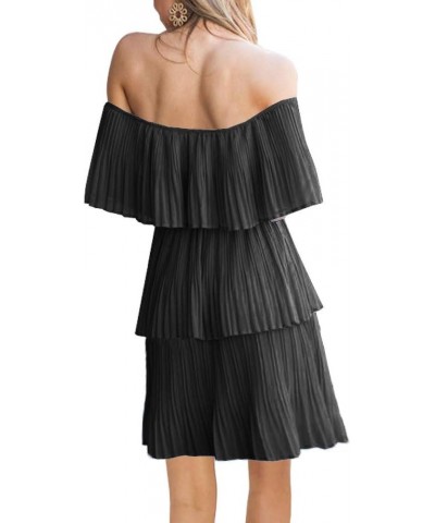 Women's Casual Off The Shoulder Sleeveless Tiered Ruffle Pleated Short Party Beach Dress Black $23.39 Dresses