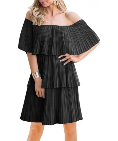 Women's Casual Off The Shoulder Sleeveless Tiered Ruffle Pleated Short Party Beach Dress Black $23.39 Dresses