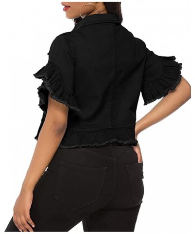 Women's Denim Jacket Button Down Distressed Ruffle Sleeve Crop Jean Jackets Coat Black-9626 $19.46 Jackets
