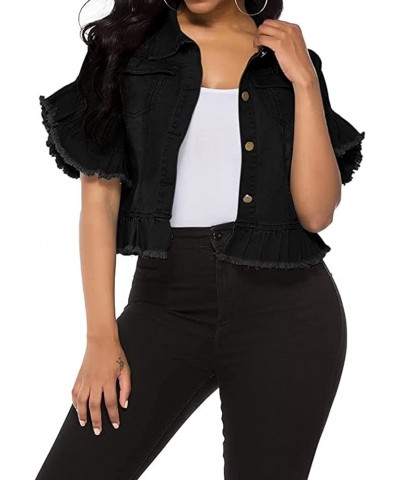 Women's Denim Jacket Button Down Distressed Ruffle Sleeve Crop Jean Jackets Coat Black-9626 $19.46 Jackets