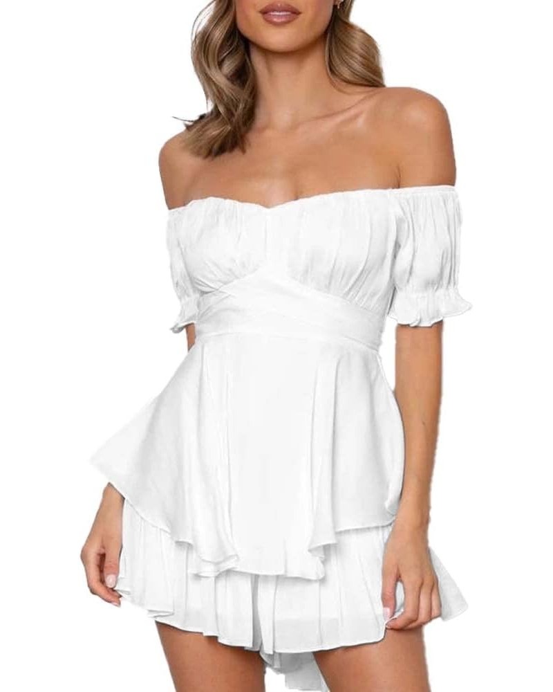 Women Off The Shoulder Shirred Mini Dress Ruffle Tiered Flowy Smocked Dress Puff Sleeve Cute Babydoll Dress White $14.35 Dresses