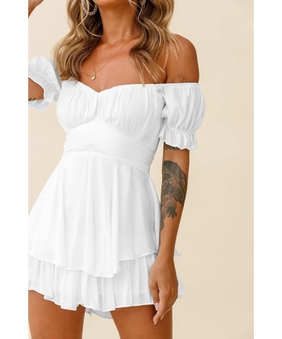 Women Off The Shoulder Shirred Mini Dress Ruffle Tiered Flowy Smocked Dress Puff Sleeve Cute Babydoll Dress White $14.35 Dresses