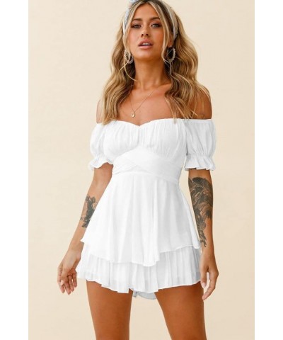 Women Off The Shoulder Shirred Mini Dress Ruffle Tiered Flowy Smocked Dress Puff Sleeve Cute Babydoll Dress White $14.35 Dresses