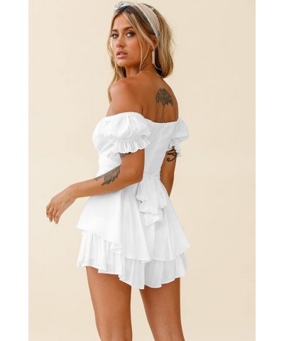 Women Off The Shoulder Shirred Mini Dress Ruffle Tiered Flowy Smocked Dress Puff Sleeve Cute Babydoll Dress White $14.35 Dresses