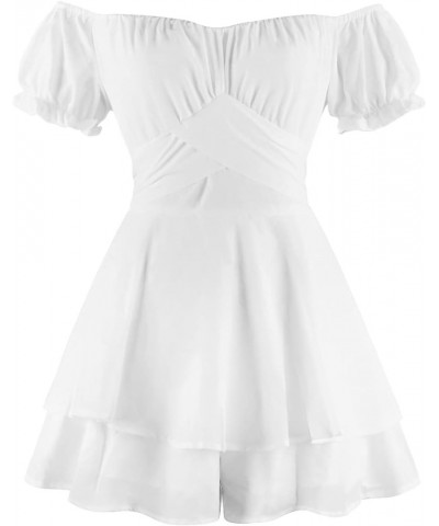 Women Off The Shoulder Shirred Mini Dress Ruffle Tiered Flowy Smocked Dress Puff Sleeve Cute Babydoll Dress White $14.35 Dresses