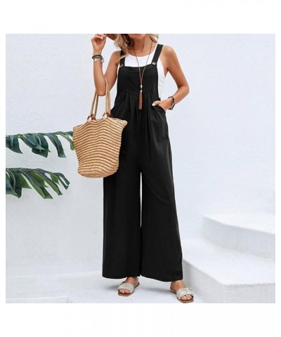 Women's Casual Sleeveless Jumpsuits Square Neck Spaghetti Strap Overalls Stretchy Wide Leg Long Pants Romper Pockets 2023 01-...