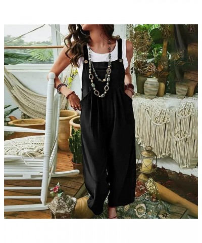 Women's Casual Sleeveless Jumpsuits Square Neck Spaghetti Strap Overalls Stretchy Wide Leg Long Pants Romper Pockets 2023 01-...