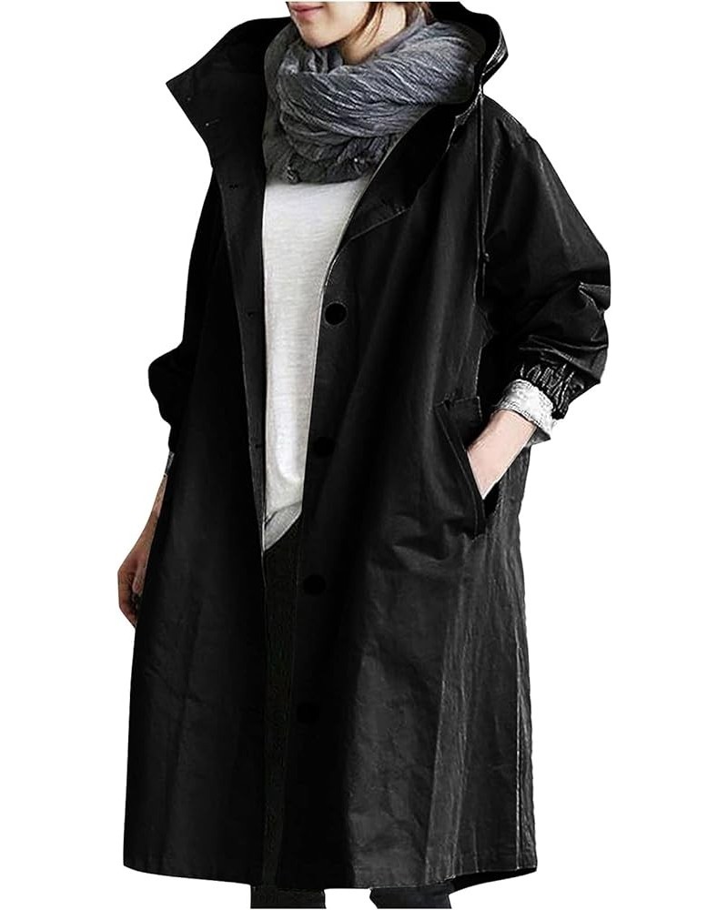 Women's Trench Jackets Plus Size Casual Long Rain Jacket Fashion Winter Hooded Oversized Windbreaker Coats Outerwear A Black ...