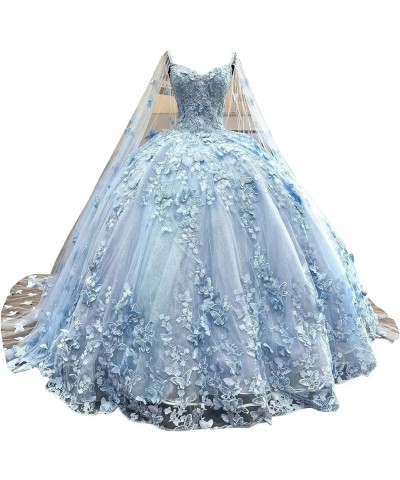 Cute 3D Butterfly on Lace Flower Embroidery Ball Gown Quinceanera Prom Dresses with Strap Sweet 16 Dress A/Baby Blue $77.14 D...