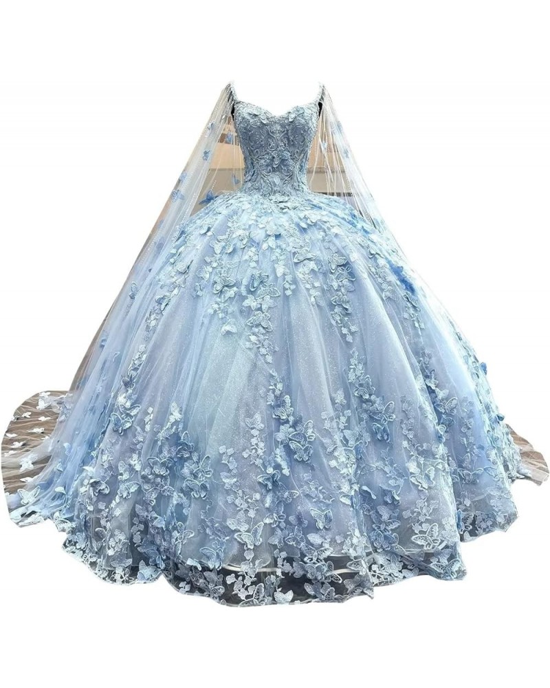 Cute 3D Butterfly on Lace Flower Embroidery Ball Gown Quinceanera Prom Dresses with Strap Sweet 16 Dress A/Baby Blue $77.14 D...