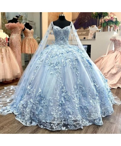 Cute 3D Butterfly on Lace Flower Embroidery Ball Gown Quinceanera Prom Dresses with Strap Sweet 16 Dress A/Baby Blue $77.14 D...