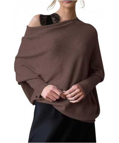 Womens Sweaters Fall 2023 Winter Off The Shoulder Fitted Top Batwing Round Neck Sweater Knit Casual Tunic Pullover D54-coffee...