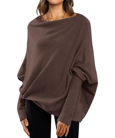 Womens Sweaters Fall 2023 Winter Off The Shoulder Fitted Top Batwing Round Neck Sweater Knit Casual Tunic Pullover D54-coffee...