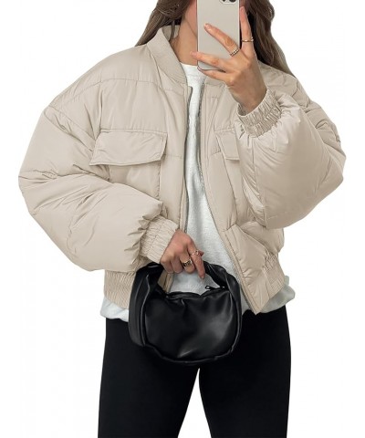 Womens Winter Cropped Puffer Jackets Zip Baseball Collar Baggy Coats Outwear Khaki $28.60 Jackets