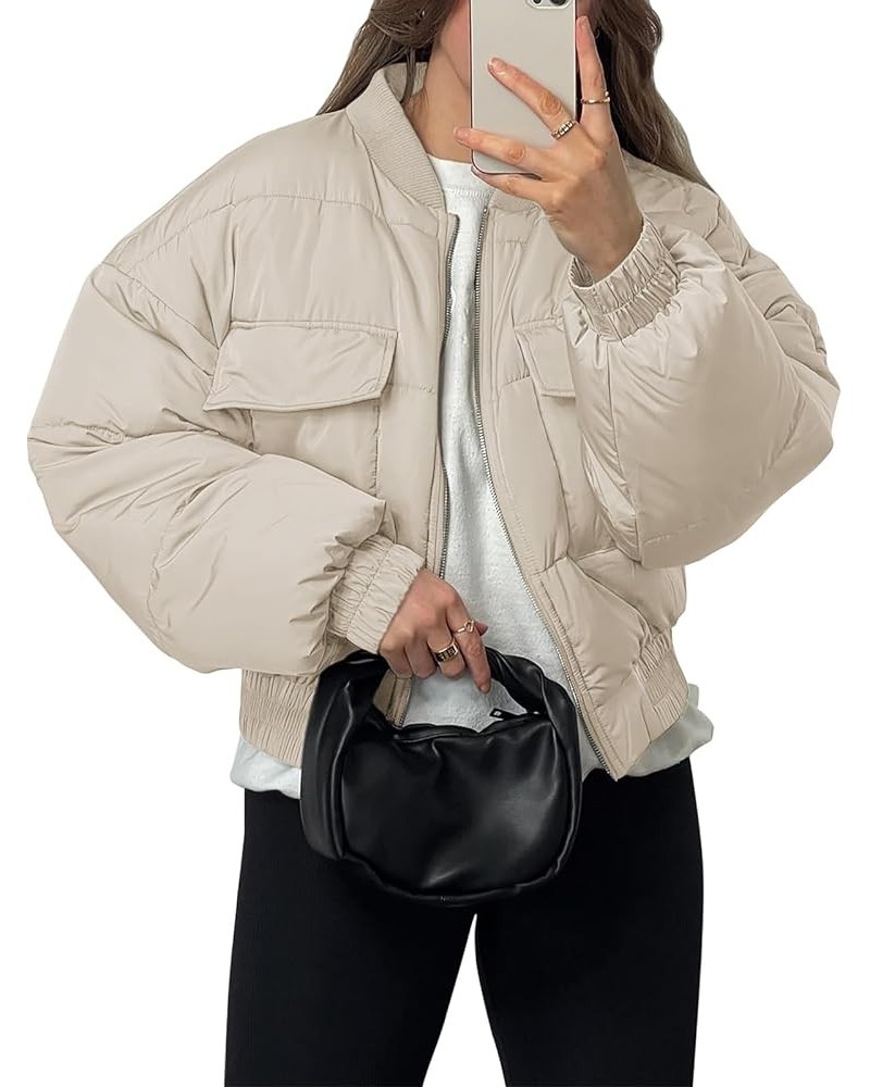 Womens Winter Cropped Puffer Jackets Zip Baseball Collar Baggy Coats Outwear Khaki $28.60 Jackets