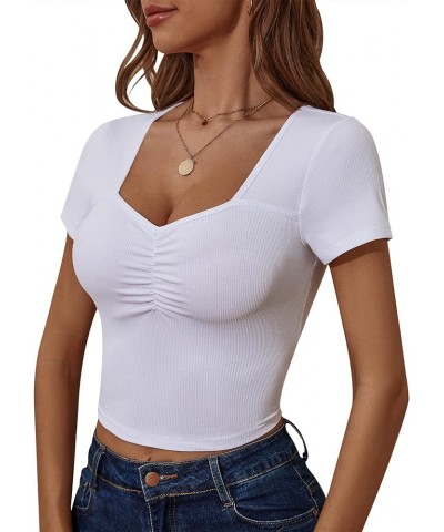 Womens Sweetheart Neck Short Sleeve Crop Top Slim Fit Low Cut Tops Cleavage Sexy Ruched Ribbed Summer T Shirts White $11.95 T...