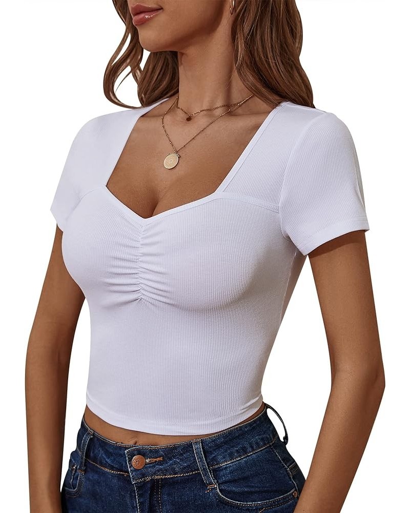 Womens Sweetheart Neck Short Sleeve Crop Top Slim Fit Low Cut Tops Cleavage Sexy Ruched Ribbed Summer T Shirts White $11.95 T...