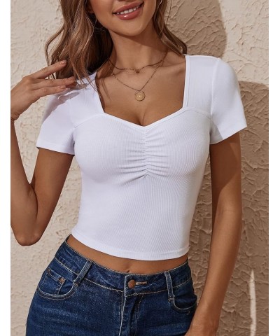 Womens Sweetheart Neck Short Sleeve Crop Top Slim Fit Low Cut Tops Cleavage Sexy Ruched Ribbed Summer T Shirts White $11.95 T...