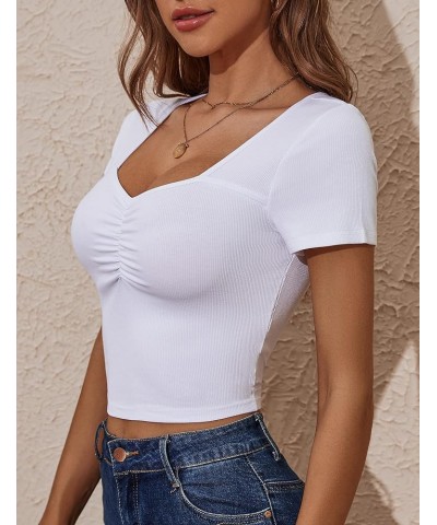 Womens Sweetheart Neck Short Sleeve Crop Top Slim Fit Low Cut Tops Cleavage Sexy Ruched Ribbed Summer T Shirts White $11.95 T...