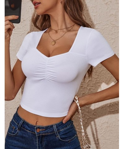 Womens Sweetheart Neck Short Sleeve Crop Top Slim Fit Low Cut Tops Cleavage Sexy Ruched Ribbed Summer T Shirts White $11.95 T...