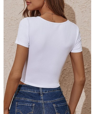 Womens Sweetheart Neck Short Sleeve Crop Top Slim Fit Low Cut Tops Cleavage Sexy Ruched Ribbed Summer T Shirts White $11.95 T...