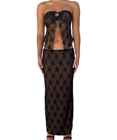 Skirt Sets Women 2 Piece Outfits Sexy See Through Strapless Lace Tube Top Bodycon Maxi Skirts Y2K Set Black $9.50 Suits