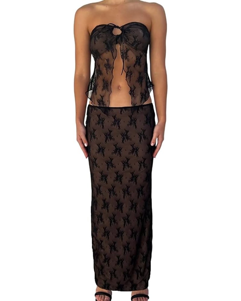 Skirt Sets Women 2 Piece Outfits Sexy See Through Strapless Lace Tube Top Bodycon Maxi Skirts Y2K Set Black $9.50 Suits